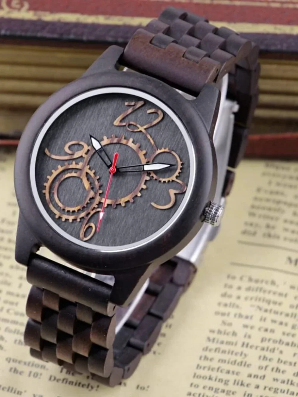 Men's Watch Colorful Brown Wooden Handmade Analog Gray Dial Quartz Wristwatch